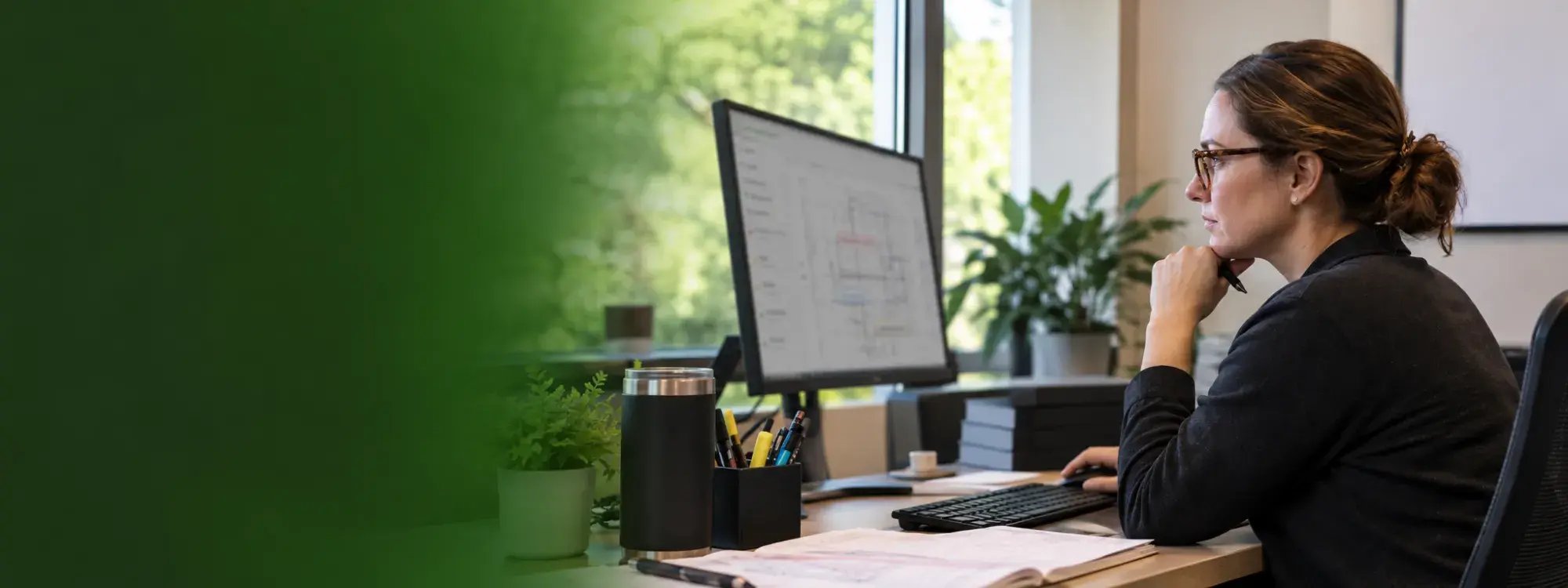 Plan reviewer at her desk reviewing a plan set in e-PlanSoft