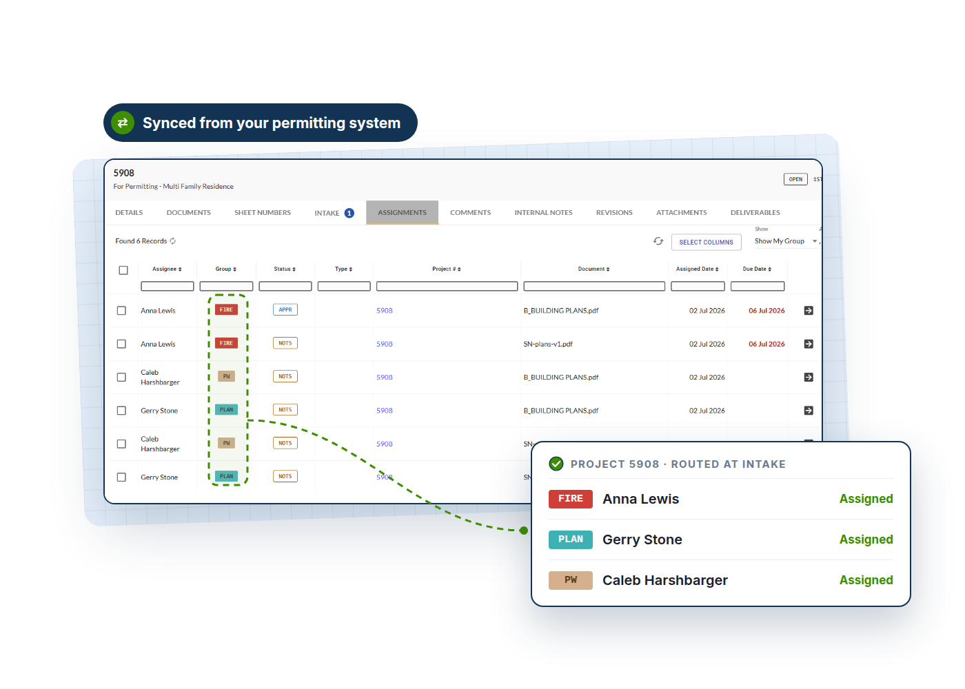 e-PlanSoft Assignments screen showing a project routed at intake to Fire, Plan and Public Works reviewers