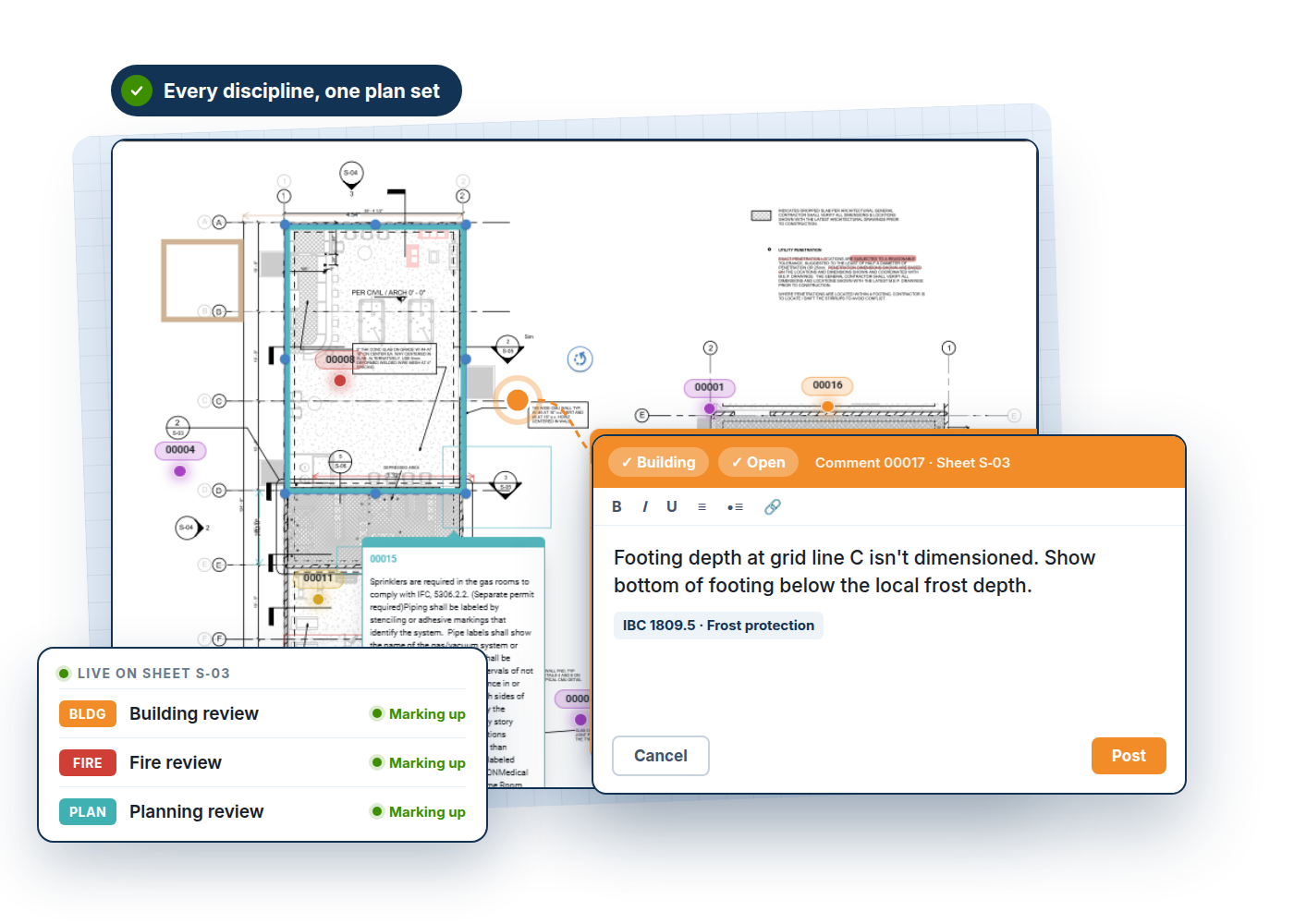 Plan sheet S-03 in e-PlanSoft with a Building comment citing IBC 1809.5 and Building, Fire and Planning reviewers marking up the same sheet